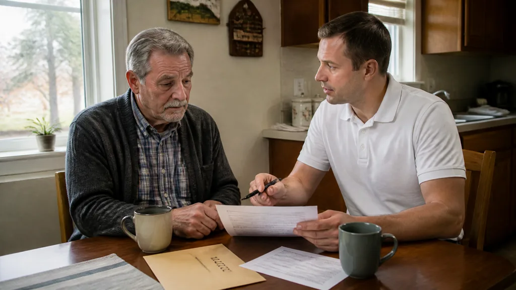 A buyer holds a pen over foreclosure paperwork spread across a kitchen table as the homeowner reads along.