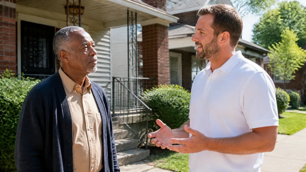 A homeowner asks questions of a cash buyer on the front walk of their house before going any further.