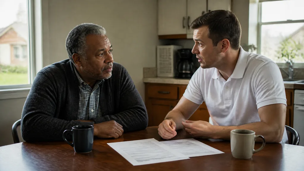 A homeowner and a buyer face each other across a kitchen table with a single offer sheet between them.