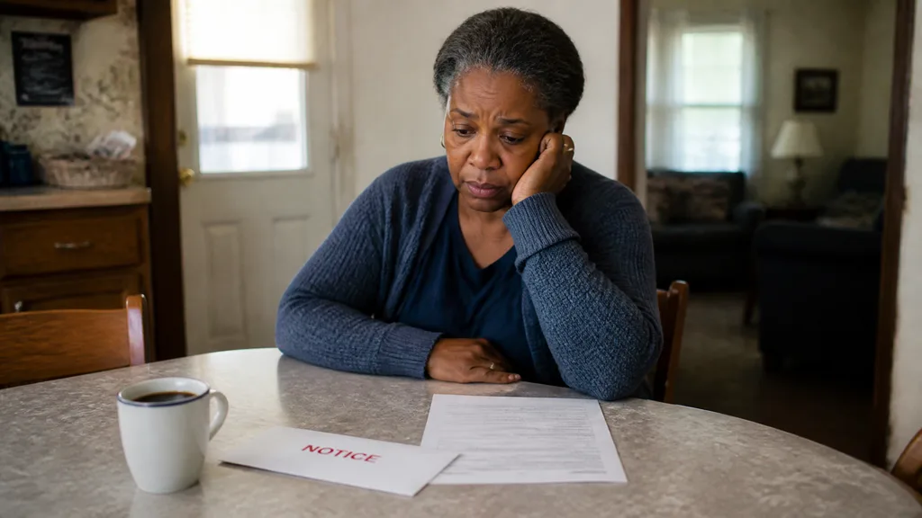 A homeowner sits alone at the kitchen table, head resting on one hand, a foreclosure notice beside her coffee.