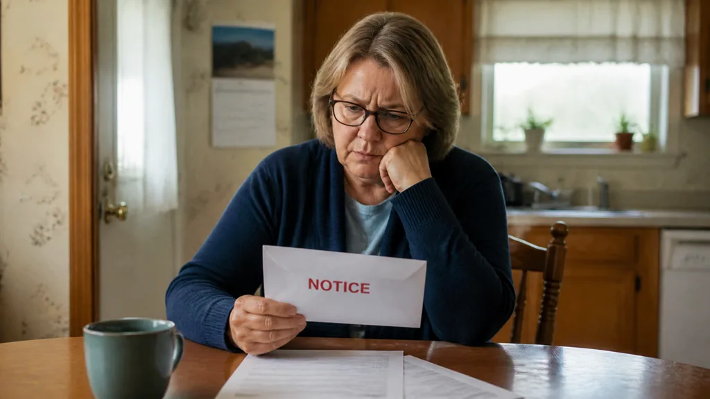A homeowner frowns over a notice of default she is holding at her kitchen table.