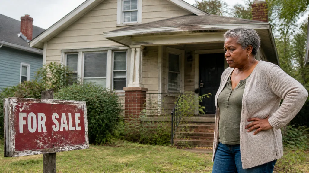 A homeowner stands hands on hips in front of her house, beside a weathered for sale sign that has not moved it.