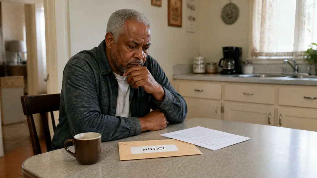 A homeowner sits alone with a completed foreclosure notice on the kitchen table, looking down at it.