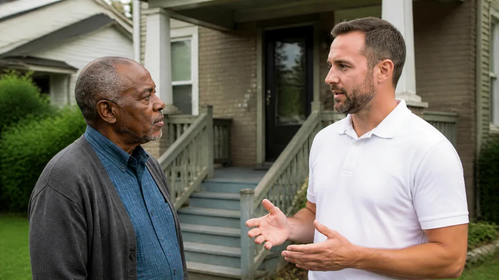 A local buyer meets a homeowner at their porch steps after the homeowner searched for buyers nearby.
