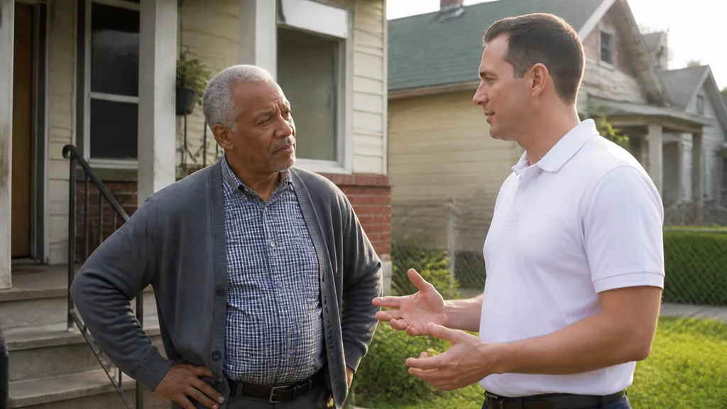 A homeowner, one hand on his hip, hears out a cash buyer in the front yard of his house.