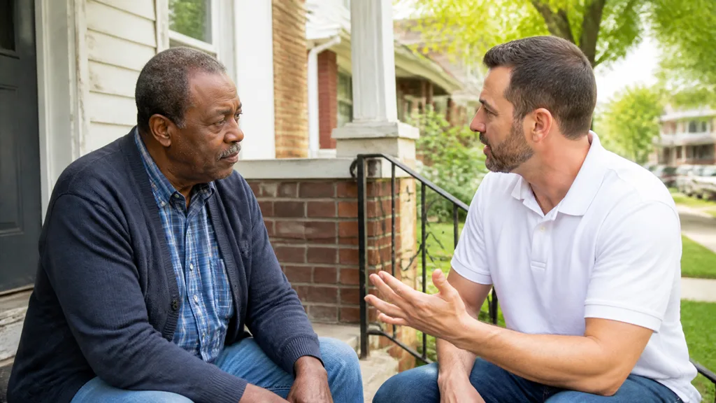 A homeowner and a buyer sit on the porch steps walking through the week-by-week sale timeline.
