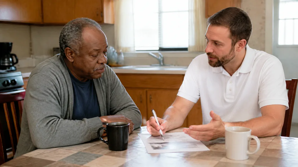 A homeowner signs a document at the kitchen counter while a buyer steadies the page for him.