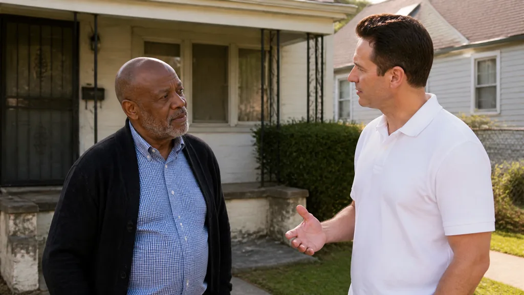 A buyer talks with a homeowner outside his house about selling on a short timeline.