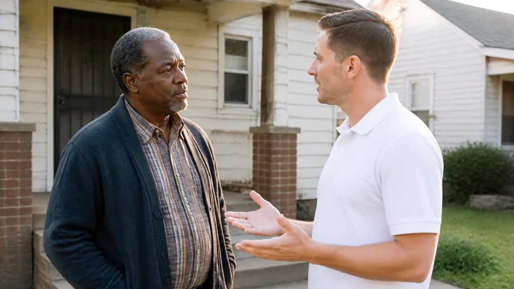 A homeowner questions a cash buyer outside his house about how the company actually makes money.