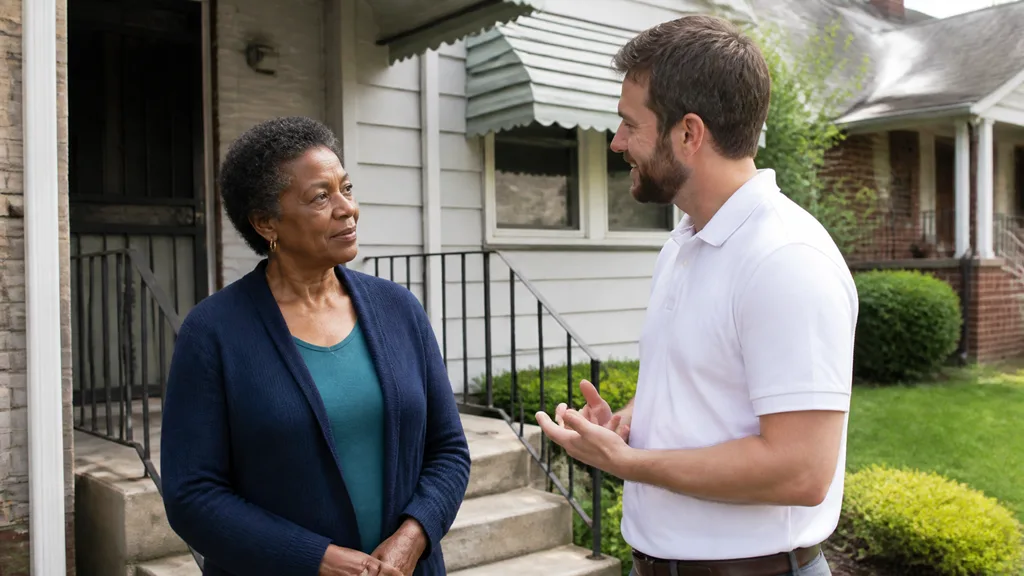A homeowner and a buyer talk on her front steps under the awning, sorting fact from myth about selling.
