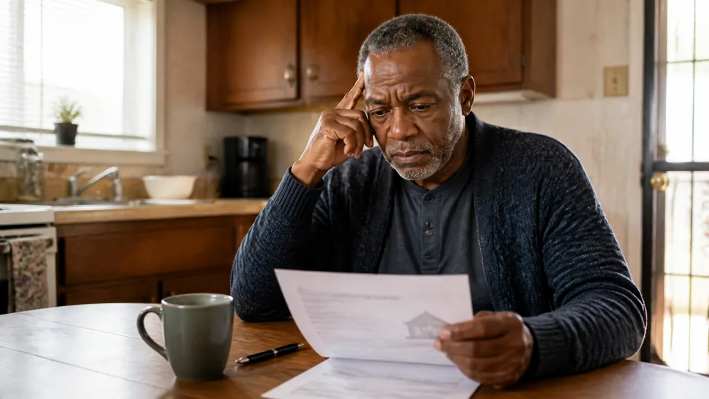 A homeowner reads auction paperwork at the kitchen table, one hand pressed to his temple.