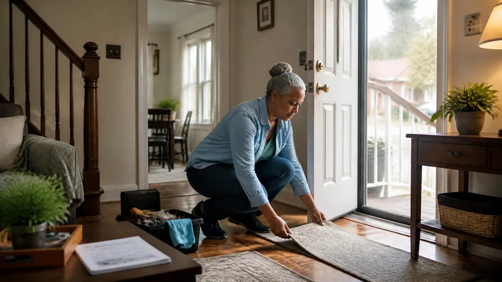 A homeowner kneels to straighten the entry rug, getting the house ready before putting it up for sale.
