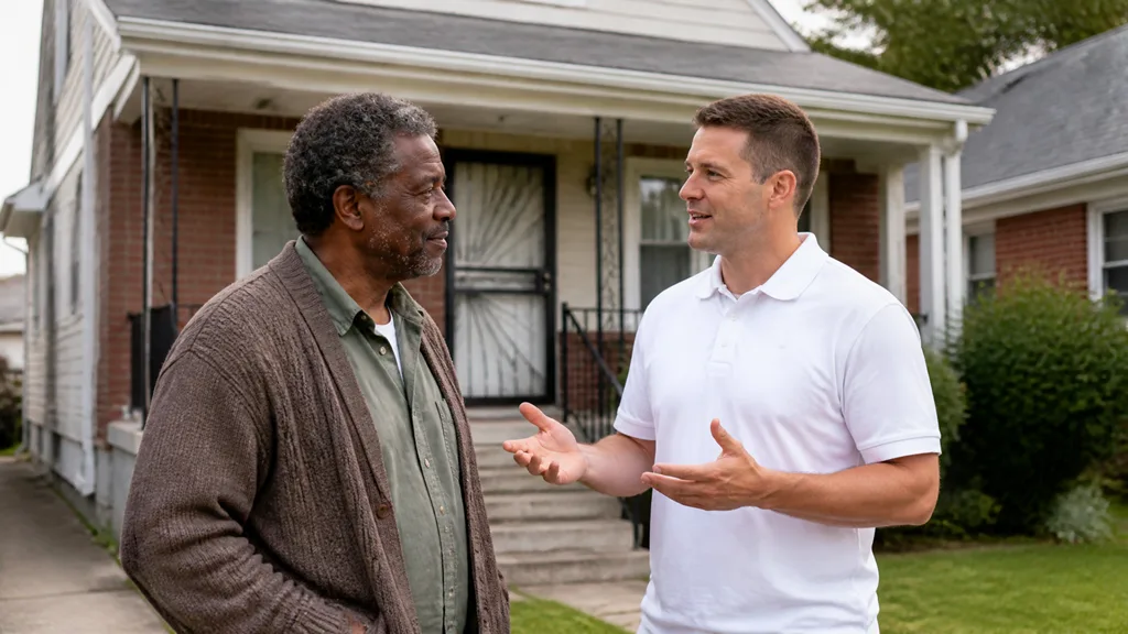 A buyer talks with a homeowner in his front yard about selling without the usual hassle.