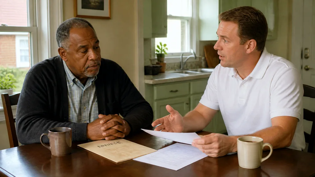 A buyer walks a homeowner through short sale paperwork at the kitchen table in a Michigan home.