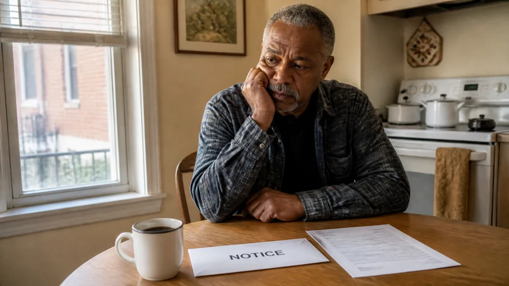 A homeowner sits by the kitchen window with a foreclosure notice, thinking through what comes next.