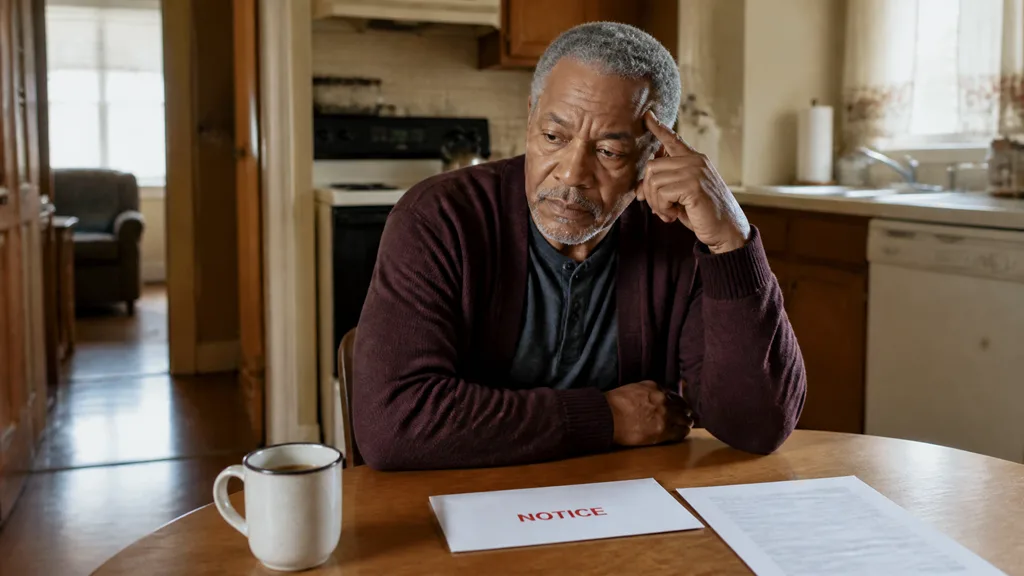 A homeowner presses a hand to his temple over a red-lettered notice from the bank at his kitchen table.