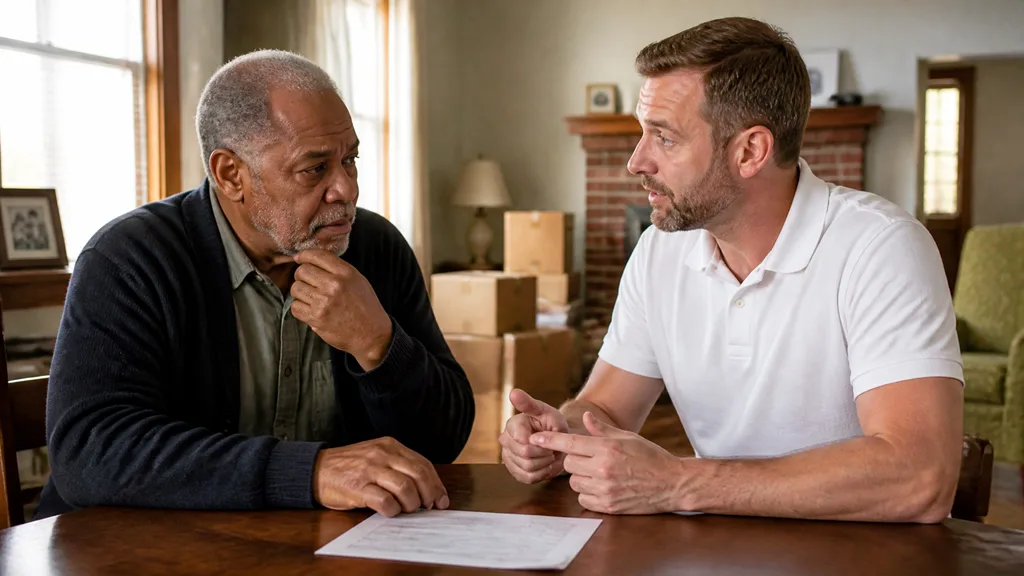 A buyer and a homeowner talk in a living room stacked with moving boxes during a probate sale.