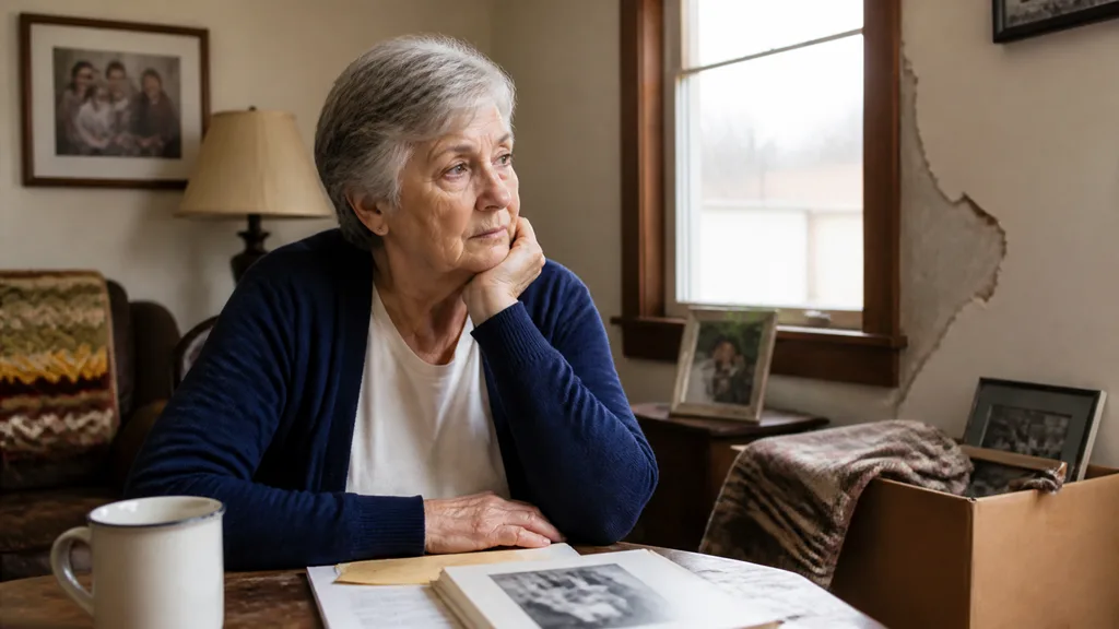 A woman sits with an old photo album in the house she has inherited, cracked plaster on the wall behind her.