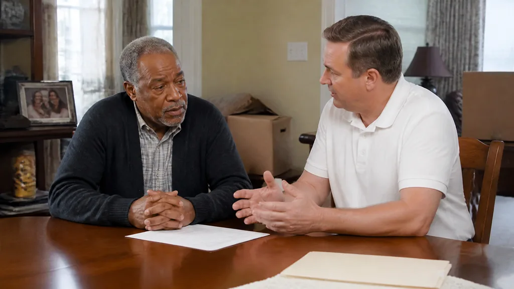 A buyer talks with an heir at the dining table of a probate house, packed boxes and family photos around them.