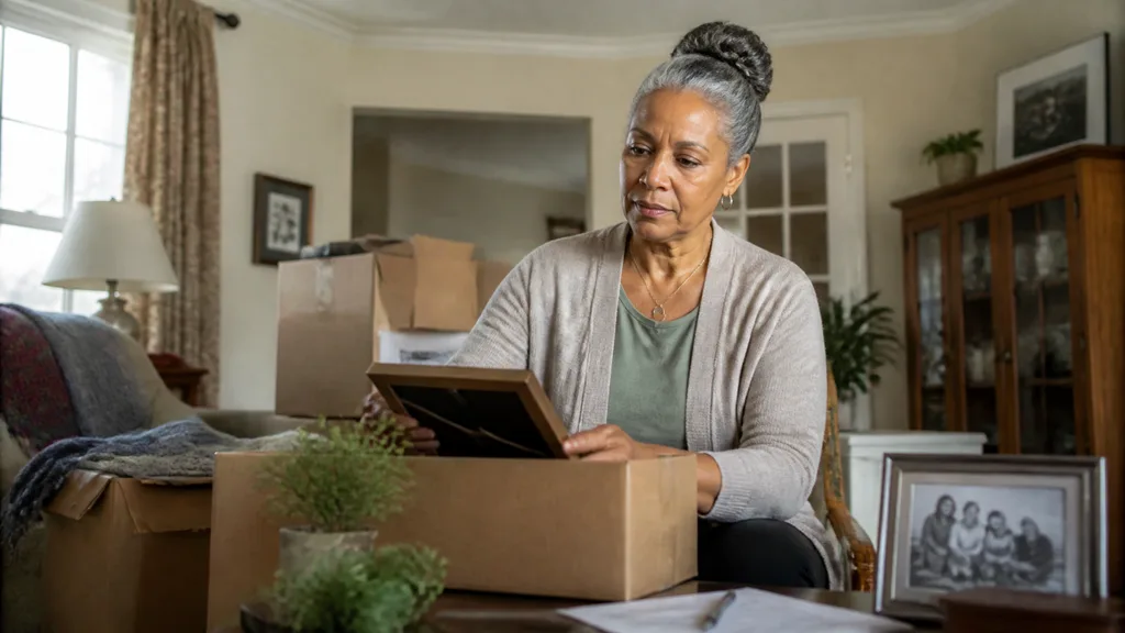 A woman packs framed family photographs into a box while clearing out an inherited house.