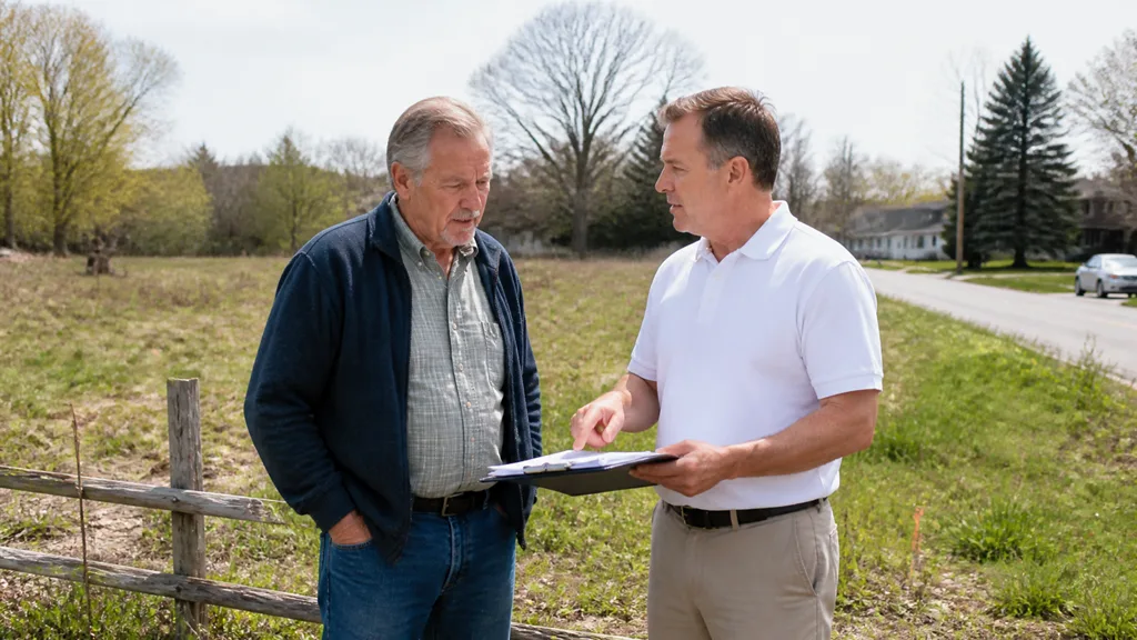 A landowner and a buyer with a clipboard walk a grassy parcel beside a split-rail fence.