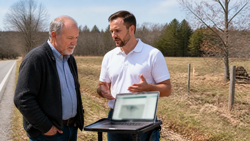 A buyer shows a landowner an online listing on a laptop while standing at the edge of the parcel.