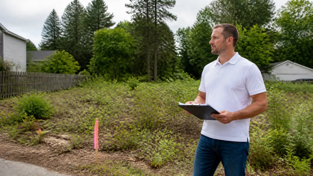 A land buyer walks an overgrown Detroit lot with a clipboard, a pink survey marker in the foreground.
