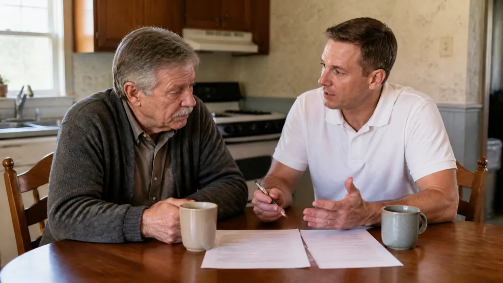 A buyer and a homeowner sit with a pen and loan documents, working out an owner carry with a mortgage in place.