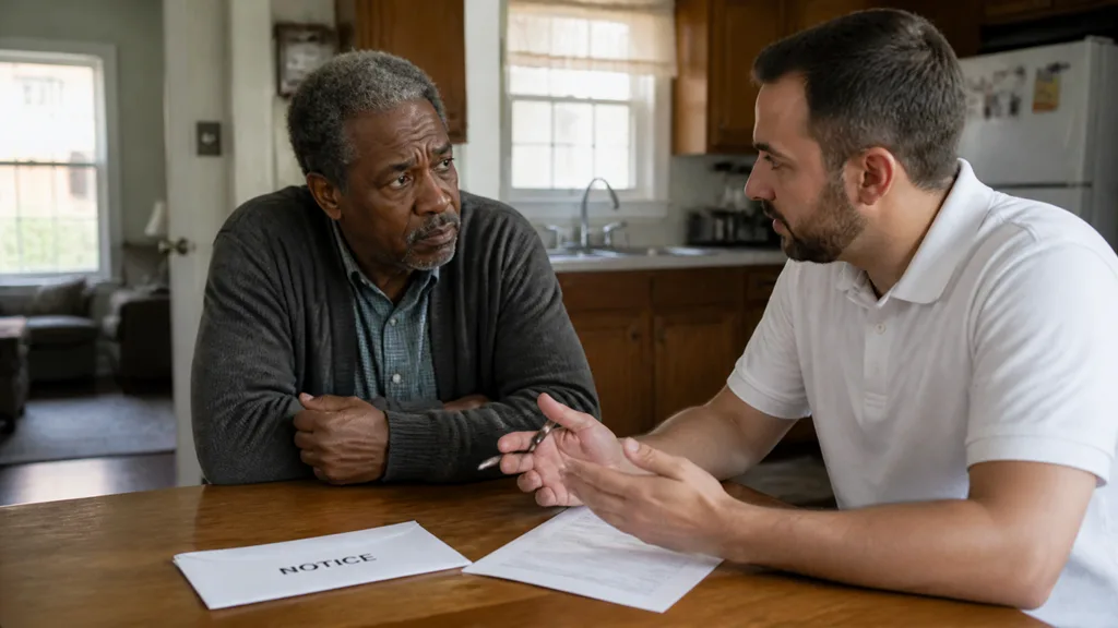 A homeowner sits with arms folded at a kitchen table while a buyer talks through the notice letter in front of them.