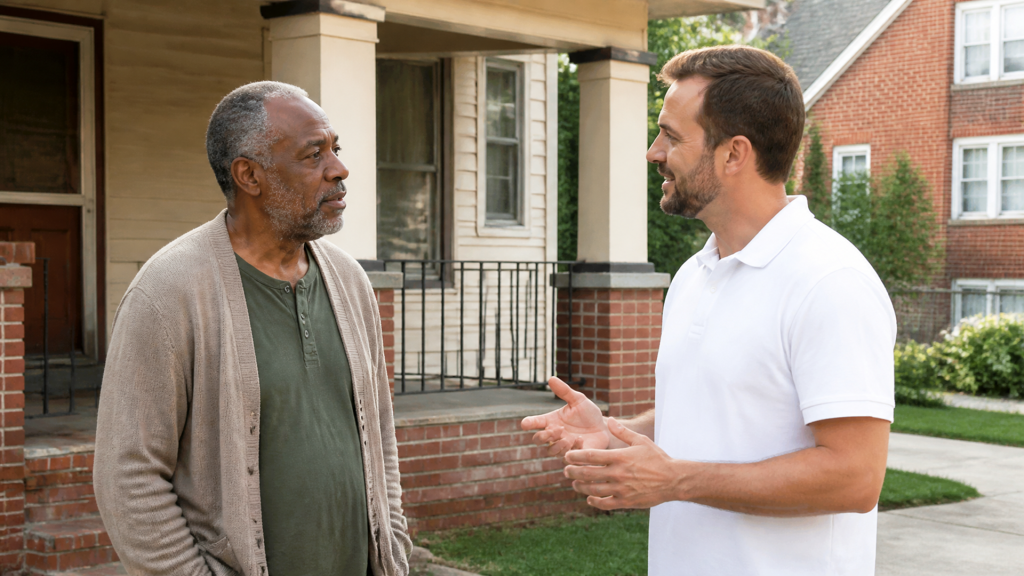 A homeowner and a buyer talk on the front steps of a brick Detroit house about how quickly it could sell.
