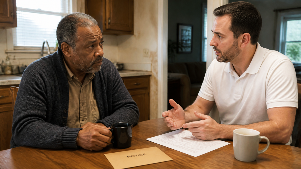 A homeowner holds a coffee mug at the kitchen table while a buyer explains options beside a foreclosure notice.