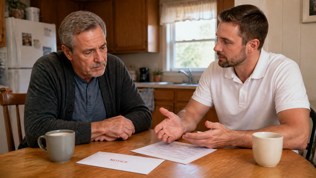 A buyer walks a homeowner through deed in lieu paperwork at a kitchen table, a red-lettered notice between them.