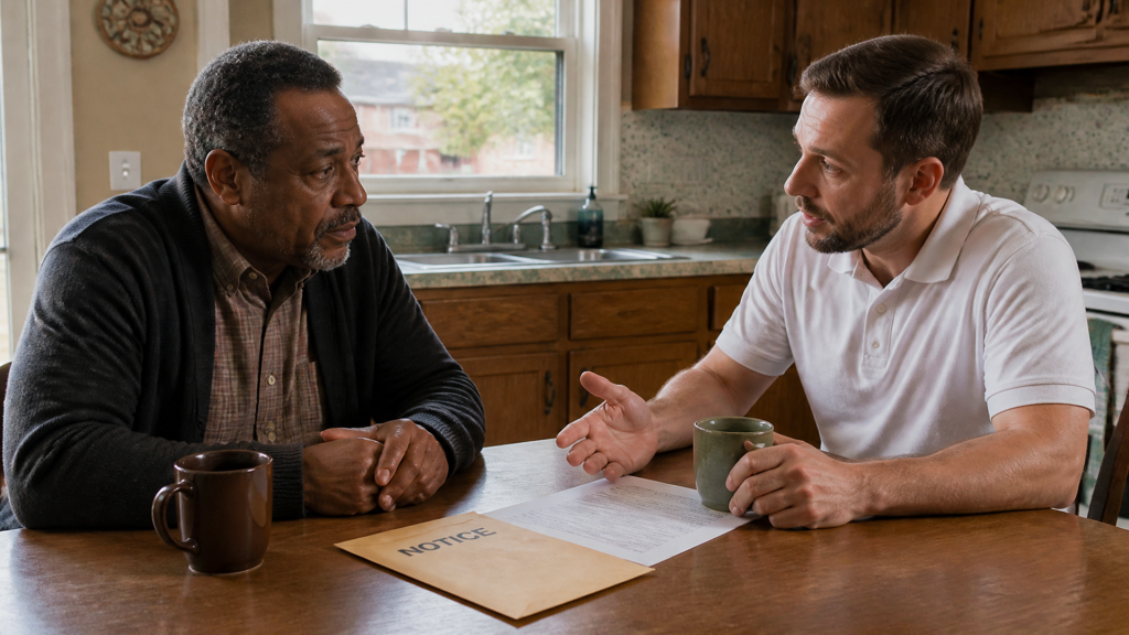 A buyer explains the stages of a Michigan foreclosure to a homeowner, an unopened notice folder on the table.