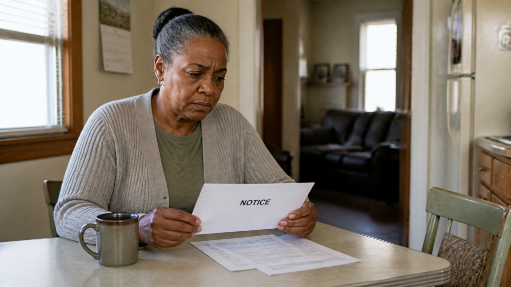 A homeowner reads a pre-foreclosure notice alone at the kitchen table, coffee going cold beside her.