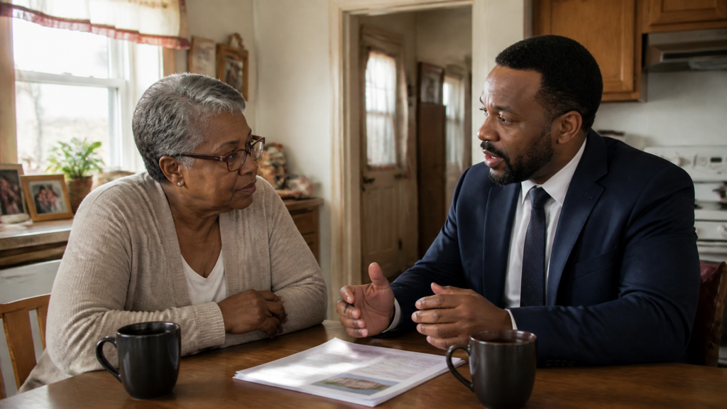 A homeowner talks with a real estate agent in a suit at her kitchen table, a listing folder open between them.