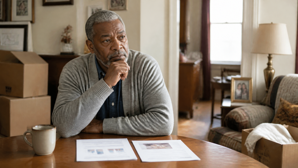 A man sits thinking at a table in an inherited house, moving boxes and estate paperwork around him.