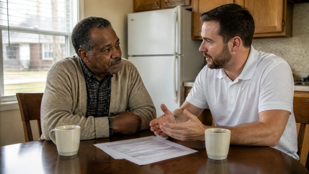 A homeowner asks a cash buyer what happens to the house after closing, the two of them at the kitchen table.