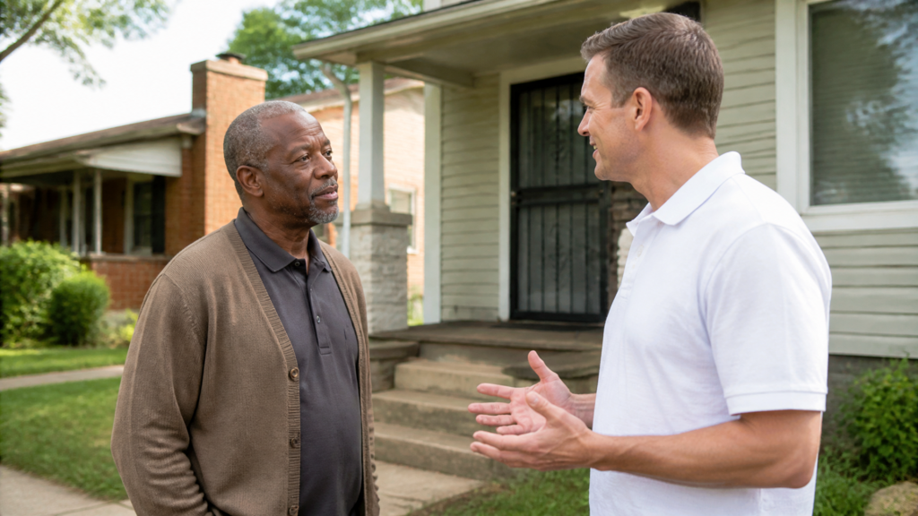A buyer talks with a homeowner on the front lawn of a modest Detroit house on a quiet street.