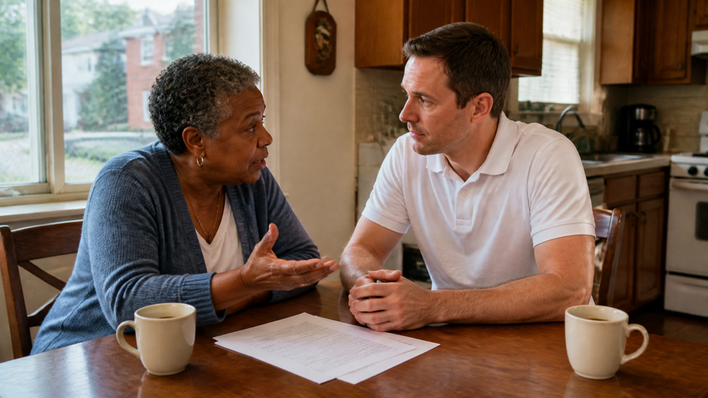 A homeowner and a buyer talk through what a written cash offer includes, seated at her kitchen table.