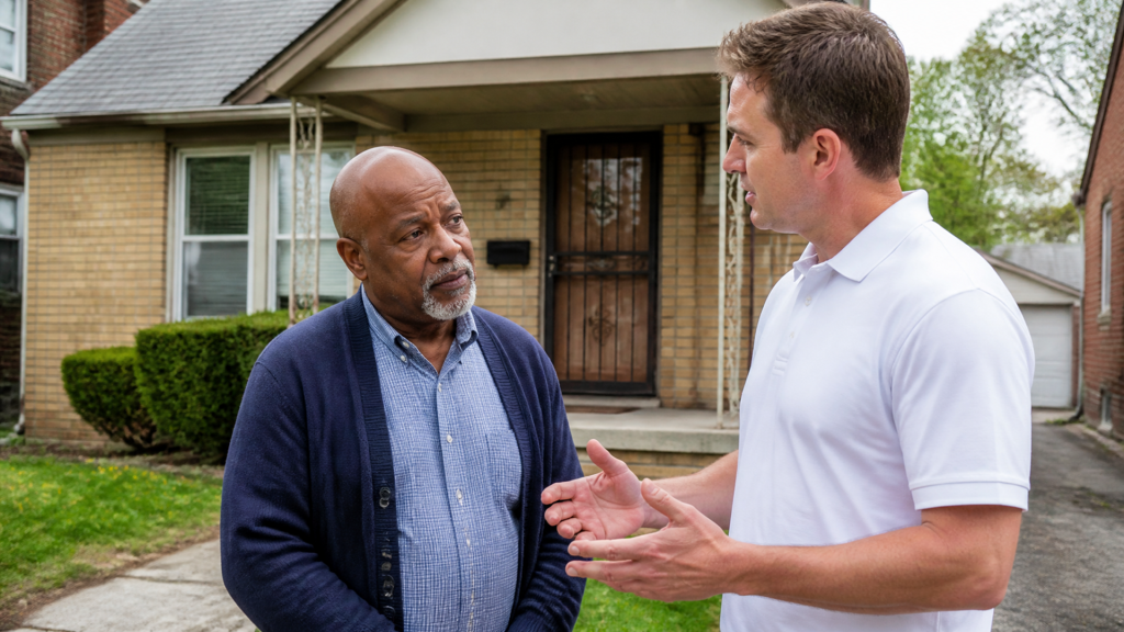 A buyer describes what closing day looks like to a homeowner standing outside his house.
