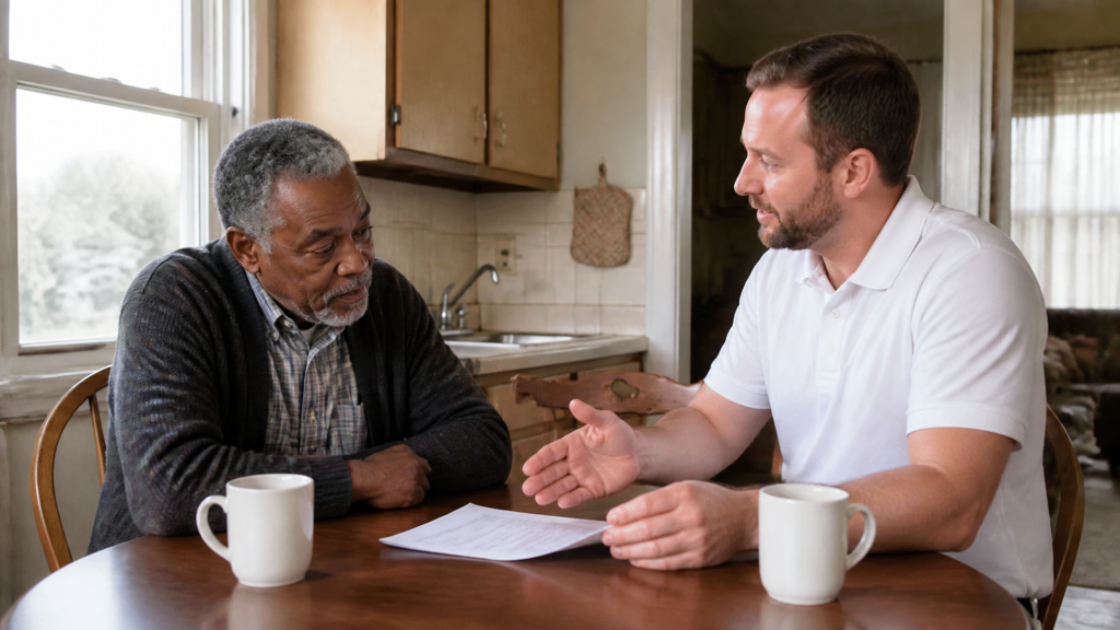 A buyer walks a homeowner through how the offer number was built, the worksheet on the kitchen table.