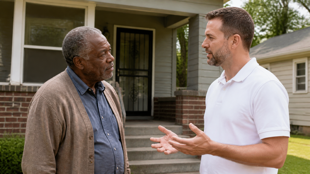 A buyer explains the cash sale process to a homeowner on the lawn in front of his porch.