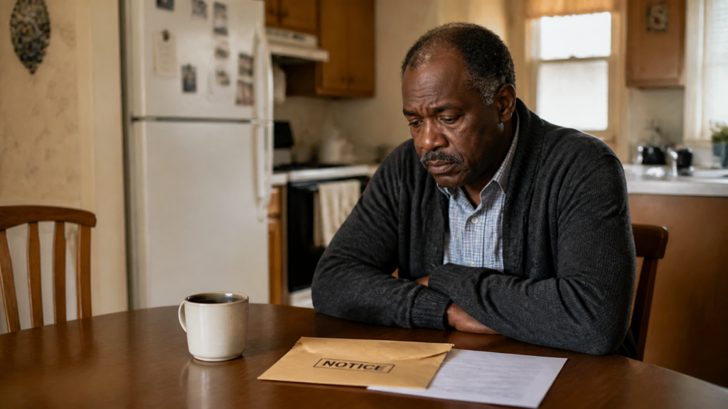 A homeowner sits alone at the kitchen table with folded arms, a lender notice envelope in front of him.