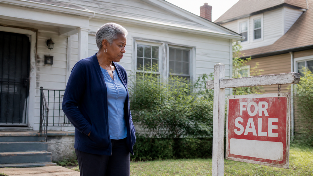 A homeowner stands in her yard looking at the house and the weathered for sale sign still planted out front.