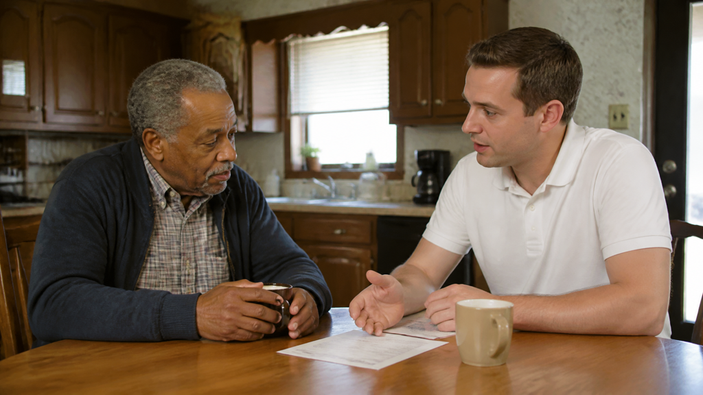 A homeowner cradles a mug at the kitchen table while a buyer explains the numbers on the sheet between them.