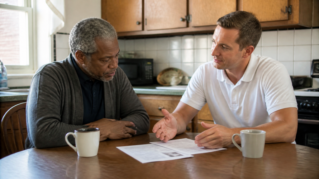 A buyer and a homeowner review paperwork together at a kitchen table in a Detroit home.