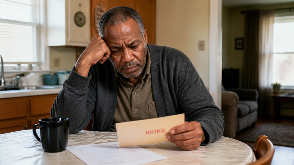 A homeowner rests his head on one hand while reading a foreclosure notice at the kitchen table.