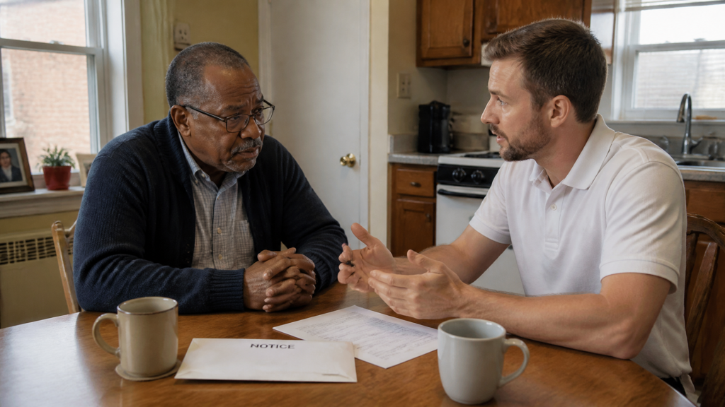 A buyer points a homeowner toward foreclosure help, a notice letter open on the table between them.