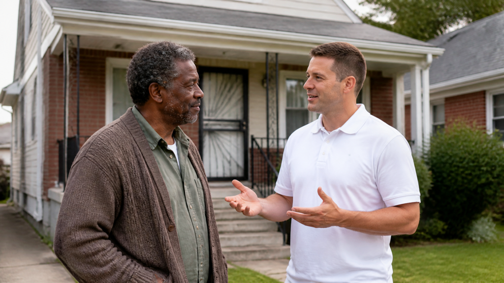 A buyer talks with a homeowner in his front yard about selling without the usual hassle.