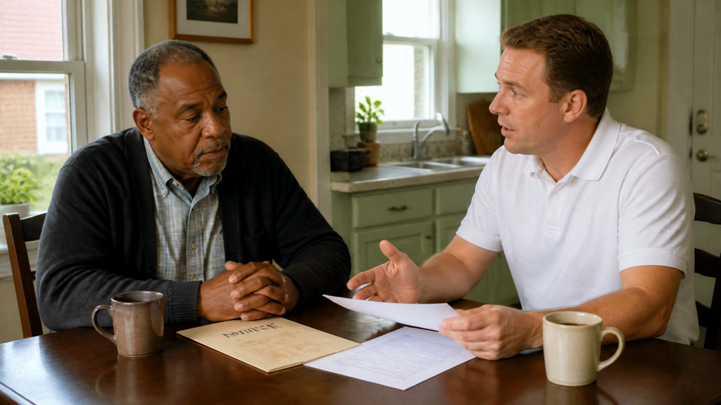 A buyer walks a homeowner through short sale paperwork at the kitchen table in a Michigan home.